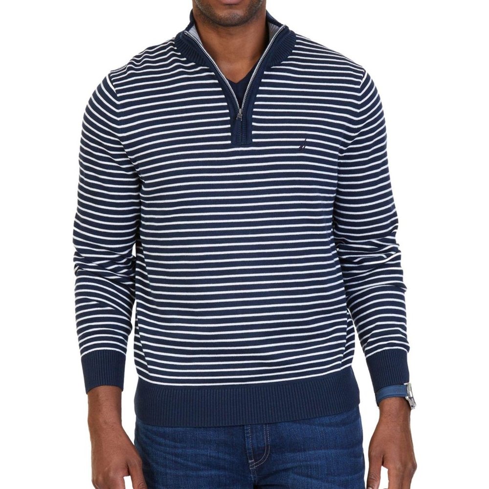 Nautica Mock Turtleneck Striped Knit Pullover Sweater Blue Size Medium - Picture 11 of 11